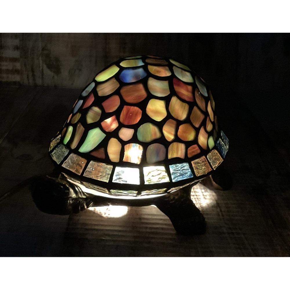 Vintage Tiffany Lamp Style Stained Glass Turtle Tortoise Light Metal Base